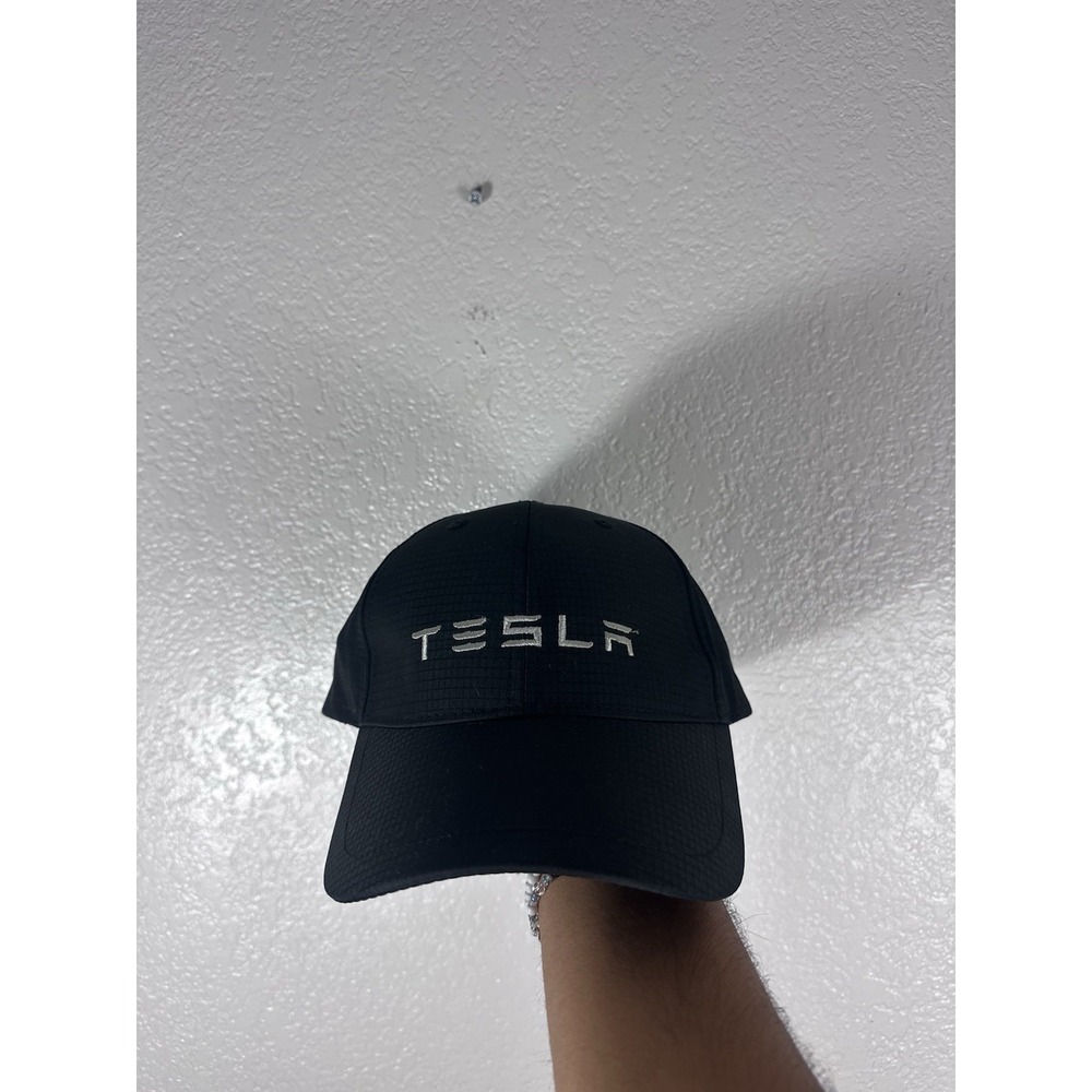 TESLA Strapback Hat Black One Size Adjustable Lightweight Polyester Blend Cap